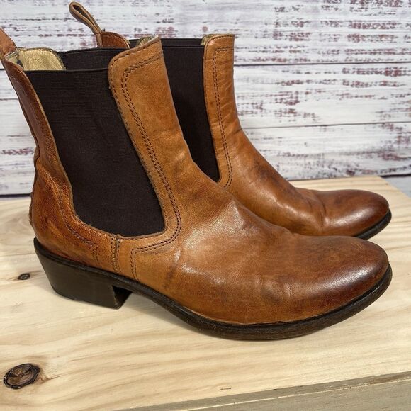 Frye Carson Chelsea Ankle Boots Cognac Brown Sz 7.5 Western Indie Distressed - Picture 2 of 16